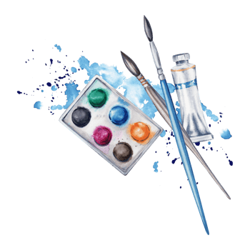 Flat lay composition with paint set, brushes, paint tube and blue watercolor splatter. Watercolor illustration isolated on transparent background. Design for art classes, stores, flyers, lessons png