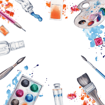 Flat lay with paint pallette, brushes, pencil, color splashes, ink, paints and water spray. Watercolor illustration isolated on transparent background. Border design for art classes, stores, flyers png