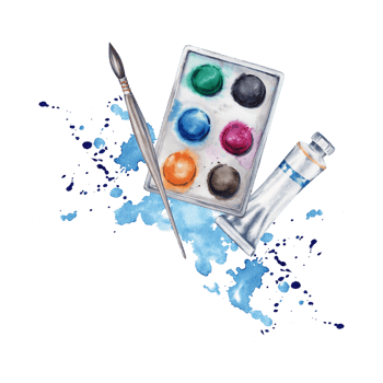 Flat lay composition with paint set, brushes, paint tube and blue watercolor splatter. Watercolor illustration isolated on transparent background. Design for art classes, stores, flyers, lessons png