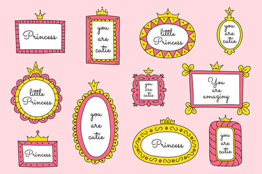 A set of mirror frames with princess crowns. Vector hand drawn doodle elements, frames for little princesses. Cute quotes, borders, pink and yellow colors.