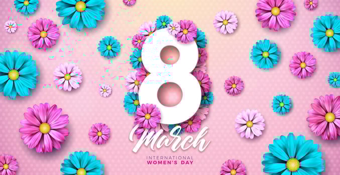 8 March. Happy Women's Day Floral Illustration. International Womens Day Vector Design with Spring Flower and 8 Number on Light Pink Background. Woman or Mother Day Theme Template for Flyer, Greeting