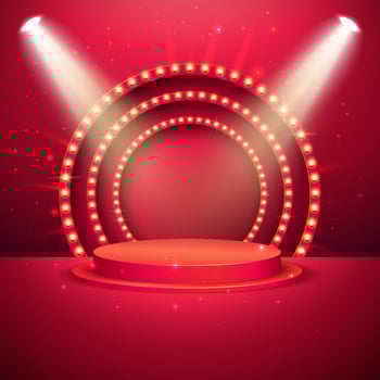 Celebration Design with Stage Podium and Lighting for Award Ceremony on Red Background. Vector Festive Illustration with Spotlight for Flyer, Greeting Card, Banner, Holiday Poster or Party Invitation