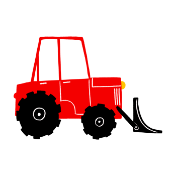 Red bulldozer heavy equipment. Tractor with bucket. Powerful red wheel hydraulic bulldozer with black bucket isolated. Children's hand drawn flat illustration of a car. png