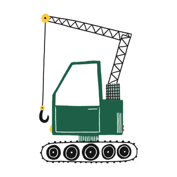 Simple flat illustration of green lifting crane. Kids transport clipart. Lifting crane with hook. Hand drawn cute childish illustration on isolated background png