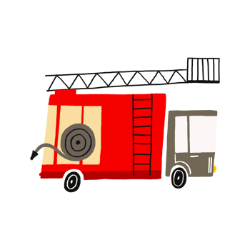 Red fire truck. Fire truck with ladder, hydrant and hose. Hand drawn illustration in cartoon childish style. Isolated funny clipart. Cute fire transport print. Hand drawn trendy scandinavian png