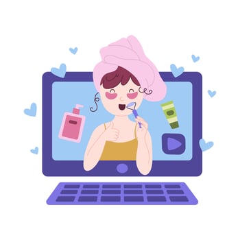 Beauty blogging concept. Makeup tutorial video and cosmetics review. Vector cartoon flat illustration.