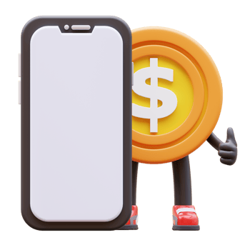 3D money coin Character Presenting Blank Smartphone Screen png