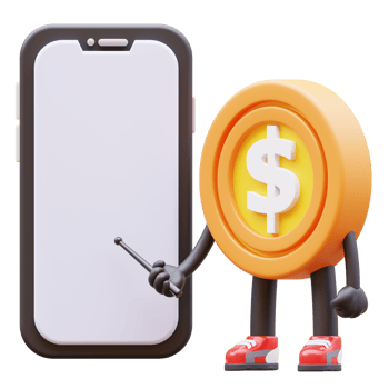 3D money coin Character Presenting Blank Smartphone Screen png