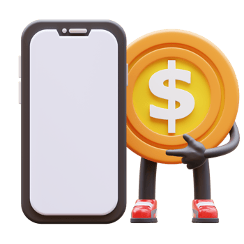 3D money coin Character Presenting Blank Smartphone Screen png