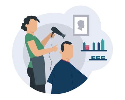 Female in apron holding fan, dries hair to man after haircut vector