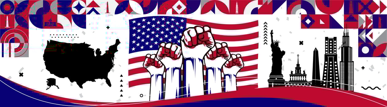 United States Flag with raised hands with map and landmarks Modern, abstract, business and retro banner design for National day or Independence day, marketing, sales, promotions or websites vector