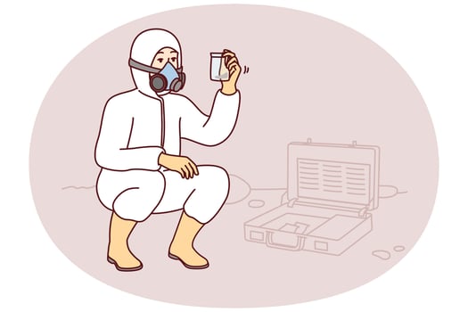 Specialist in chemical protection suit takes sample of earth for further study. Vector image