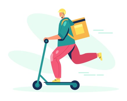 Male in uniform and protective helmet riding scooter. Delivery methods for goods, food vector