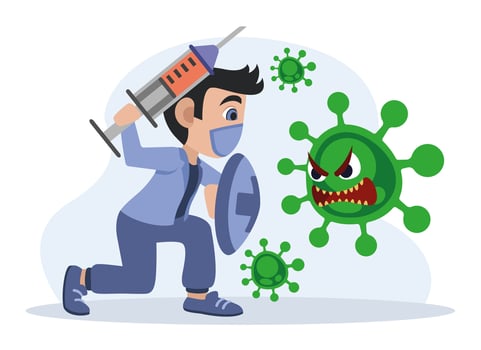 Doctor with syringe and shield stands in front of virus vector