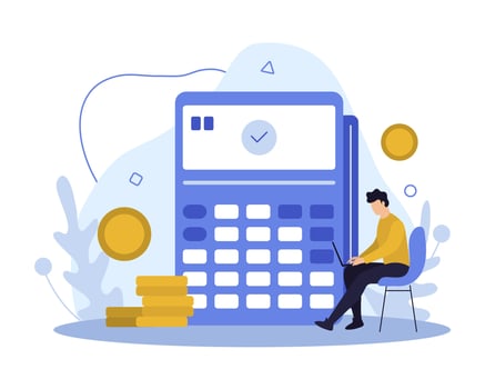 Man sitting near POS-terminal, working on laptop. Online banking vector