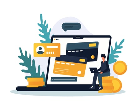 Male working with profile on laptop. Online banking, payment for purchases and services vector