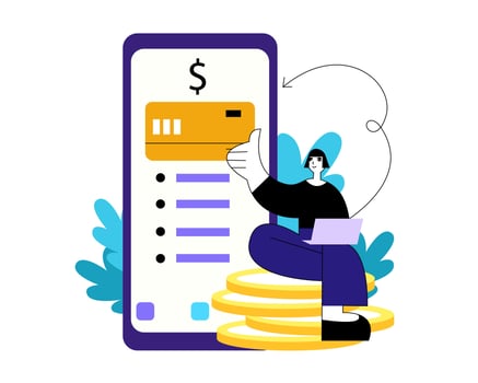 Woman checking bank account through laptop and smartphone. Concept of secure mobile banking services vector