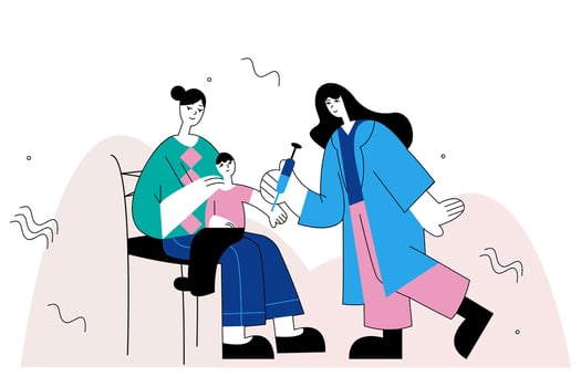 Woman holding son, nurse holding syringe and vaccinates boy vector