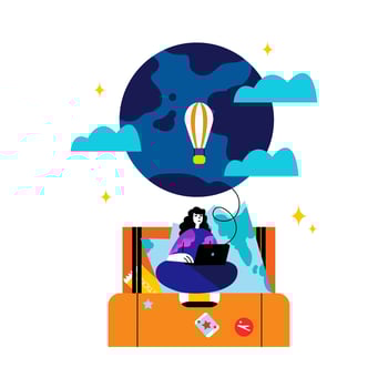 Lady chooses locations to visit while traveling aboard. Travel and tourism concept vector