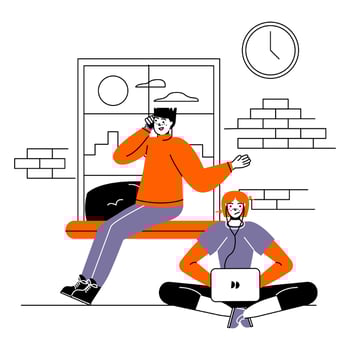 Male talking with client on phone, female working on laptop in coworking space. Working on laptop vector