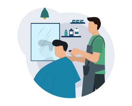 Man in uniform standing near client, holding clipper and do haircut vector