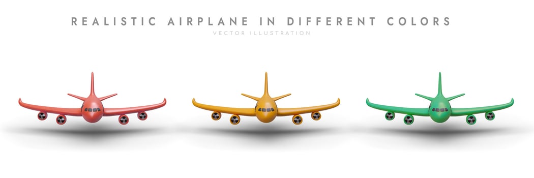 Set of 3D airplanes of different colors, front view. Realistic image with shadow vector