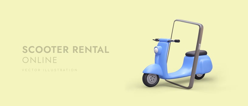 Rent moto scooters online. Choosing best model, paying for rental on website vector