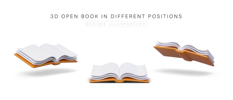 3D open book in different positions on white background. Set of book icons, side, top, bottom view vector