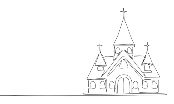 One line continuous church. Line art church isolated on white background. Hand drawn vector art.