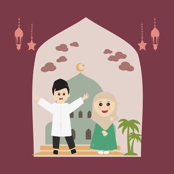 Happy ramadan kareem with kids character illustration. Moslem boy and girl Ramadan greeting card. vector