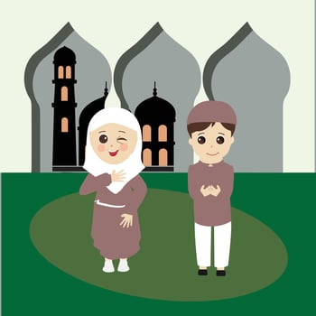 Happy ramadan kareem with kids character illustration. Moslem boy and girl Ramadan greeting card. vector