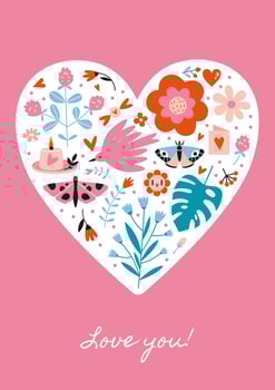 Saint Valentine's greeting card with heart and romantic objects inside, cartoon style. Trendy modern vector illustration, hand drawn, flat