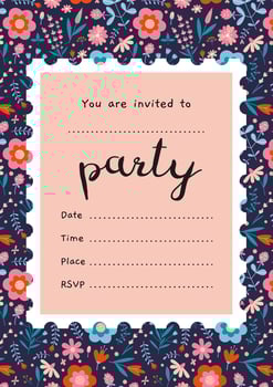 Party Invitation Card Template with postage stamp design and flower pattern, cartoon style. Trendy modern vector illustration, hand drawn, flat