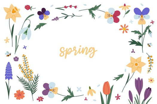 Horizontal frame with various spring flowers and space for text. Floral background, cartoon style. Trendy modern vector illustration isolated on white, hand drawn, flat