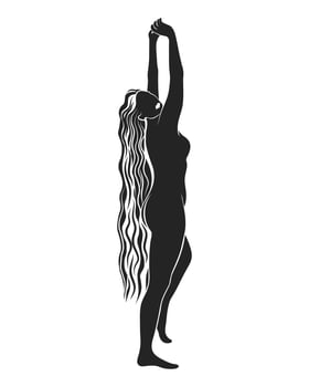 Silhouette of a naked woman with long hair on a white background, mystical poster. Wall art, wall decor. Vector