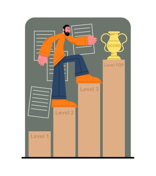 Young man rising up by stairs reaching goals. Handsome employees move up career ladder vector