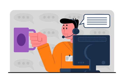 Adult man holding big cup of drink and calling client. Hotline operators in office vector