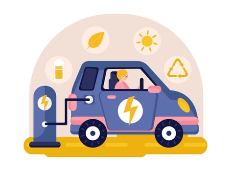 Male sitting in electric automobile, charging on charge station. Eco transport with electric motors vector
