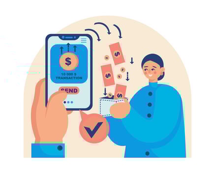 Female holding wallet, man holding smartphone and sending money vector