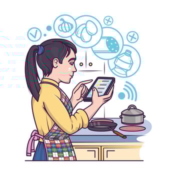 Woman cooking on kitchen and order products online. Online shoppers ordering goods vector