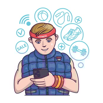 Sporty man choosing sport goods. Online shoppers ordering goods vector