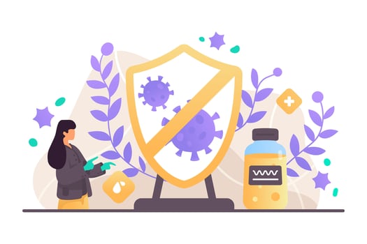 Female standing near symbol of virus protection. Concept of boosting immune system vector