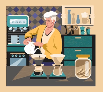 Stylish man preparing coffee at work. Modern work for students vector