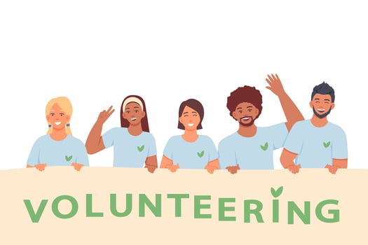 Smiling group of female and males volunteering. Happy volunteers working together vector
