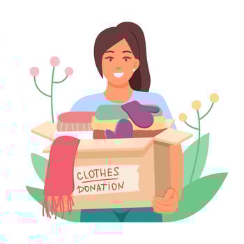 Smiling female holding box with clothes donation. Help and care for people in need vector