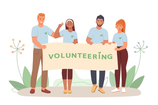 Couples holding poster with slogan, ready to help people. Happy volunteers working together vector