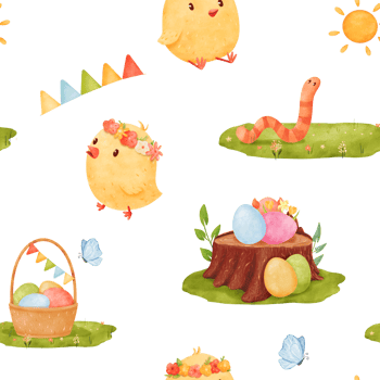 charming watercolor pattern, cartoon style, Easter-themed elements like chicks, egg baskets, garlands, butterflies, greenery, and a tree stump with vibrant eggs. for fabric design, and festive decor png