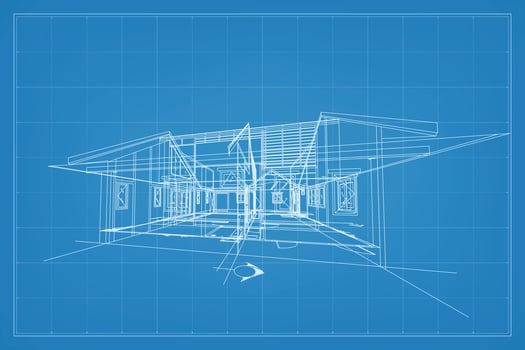 3D render of building wireframe structure. Perspective wireframe of house exterior. Abstract construction graphic idea. Vector. vector