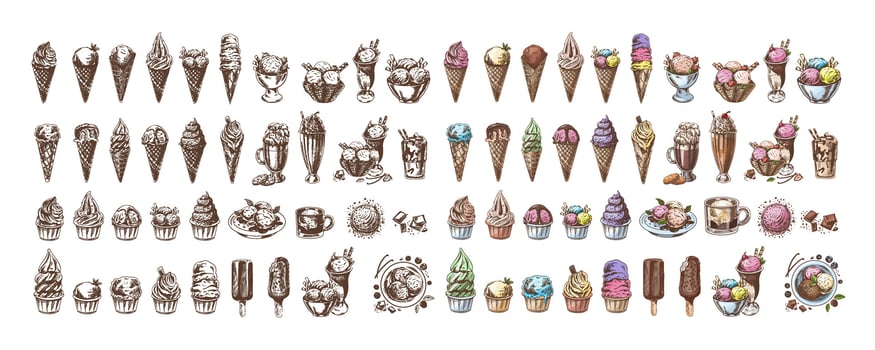 Big hand-drawn colored and monochrome sketch of ice cream or frozen yoghurt in cups and cones, milkshakes, ice cream on a stick, cupcakes, cookies. Vintage illustration. Set. vector