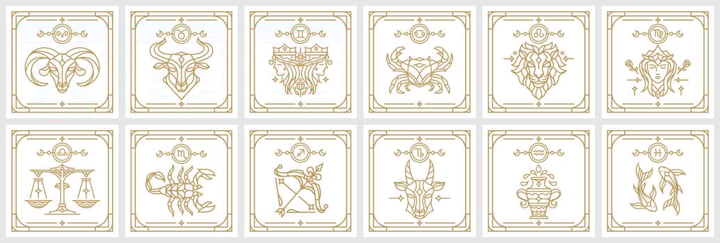 collection of Zodiac astrology horoscope signs linear design vector illustrations set. Elegant line art symbols and icons of esoteric zodiacal horoscope templates for logo or poster